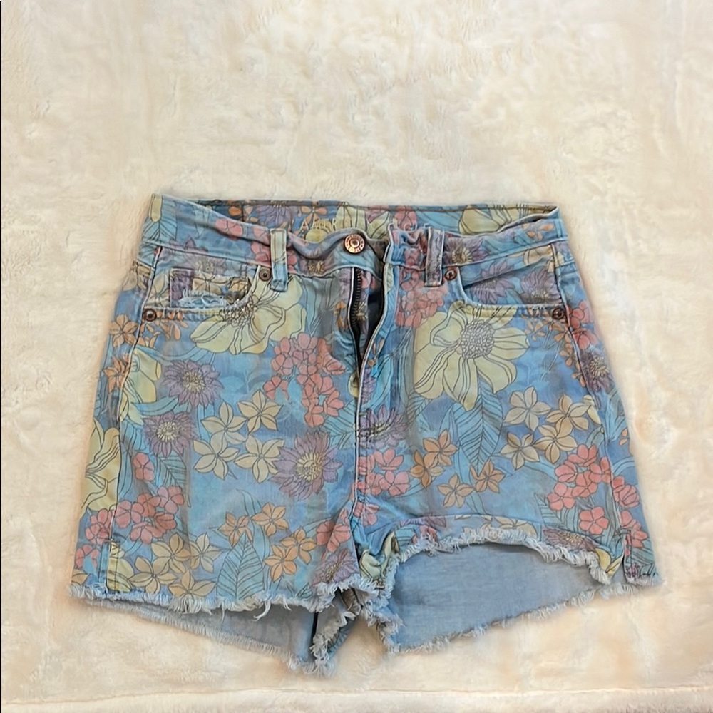 American Eagle Outfitters Blue and Pink Jean Shorts Floral Design